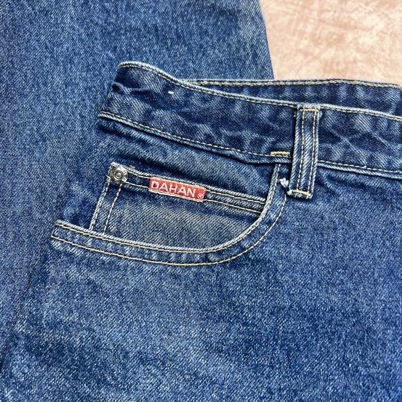 Dahan High Waisted Slim Fit Medium Wash Denim Blue Jeans Embroidered Pocket - Picture 10 of 13